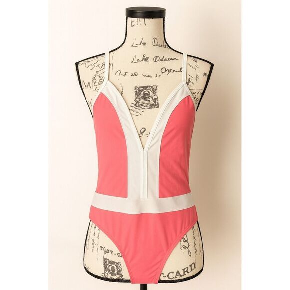 🌸 Bleu Rod Beattie Size 6 Pink & White One-Piece Swimsuit | Halter Tie | Sexy V - Picture 1 of 7